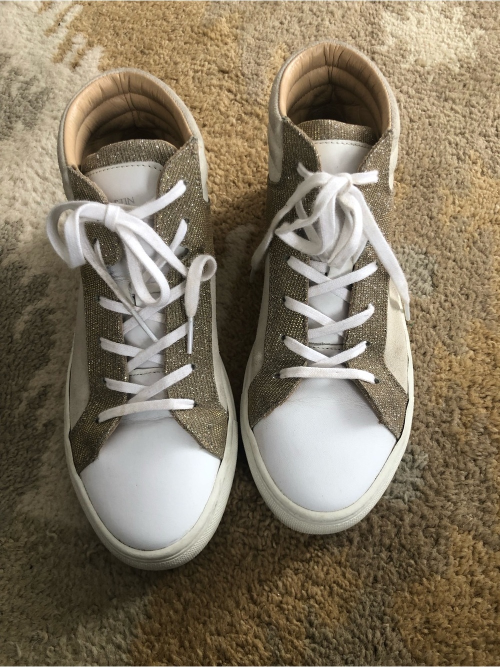 Canal St. Martin Paris Leather Mid Top Sneakers EU 38 US 7 White Beige Gold